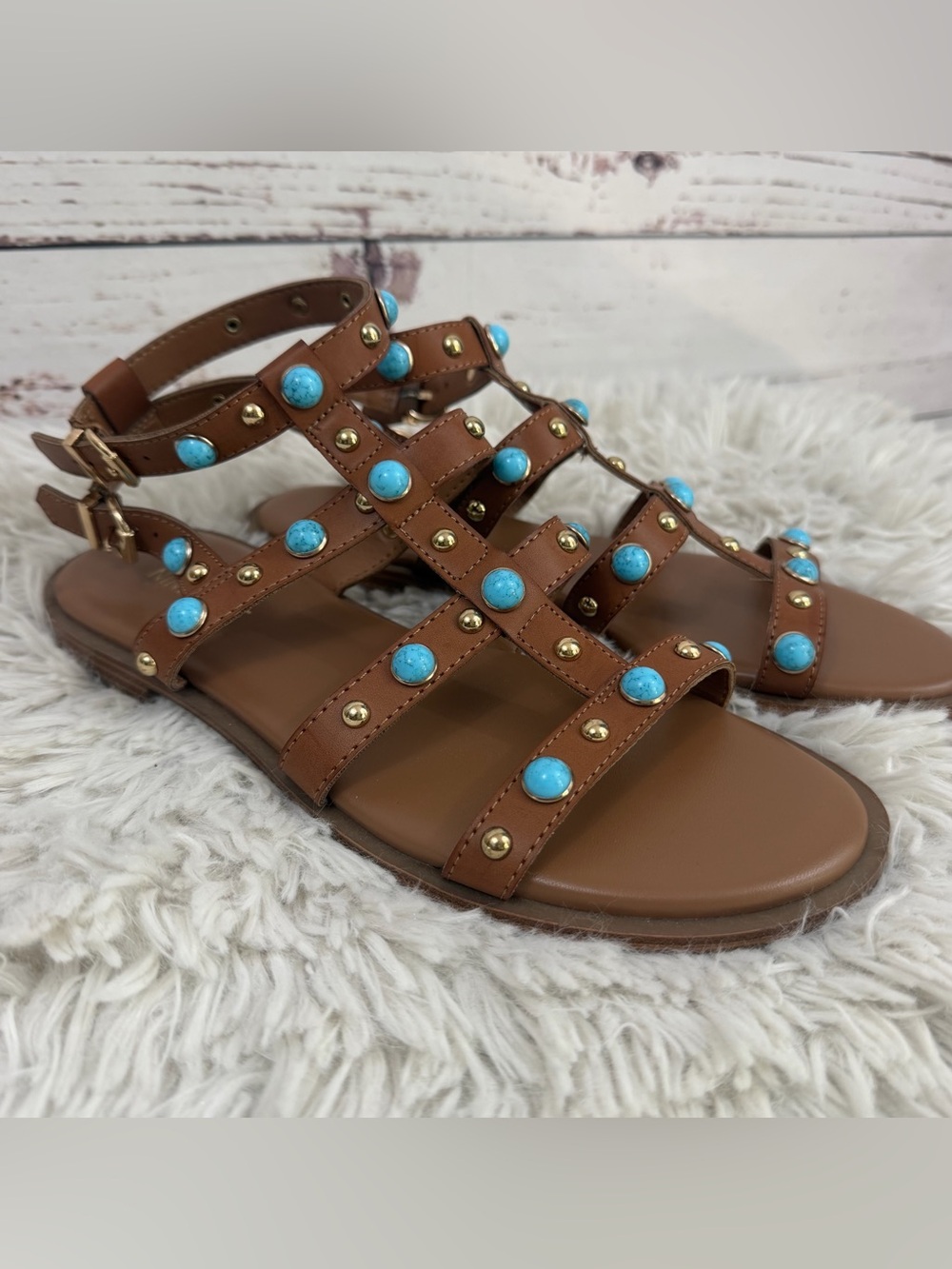 Nine West Mindela Flat Gladiator Sandals Faux Turquoise & Gold-Tone Studs Sz 8.5
